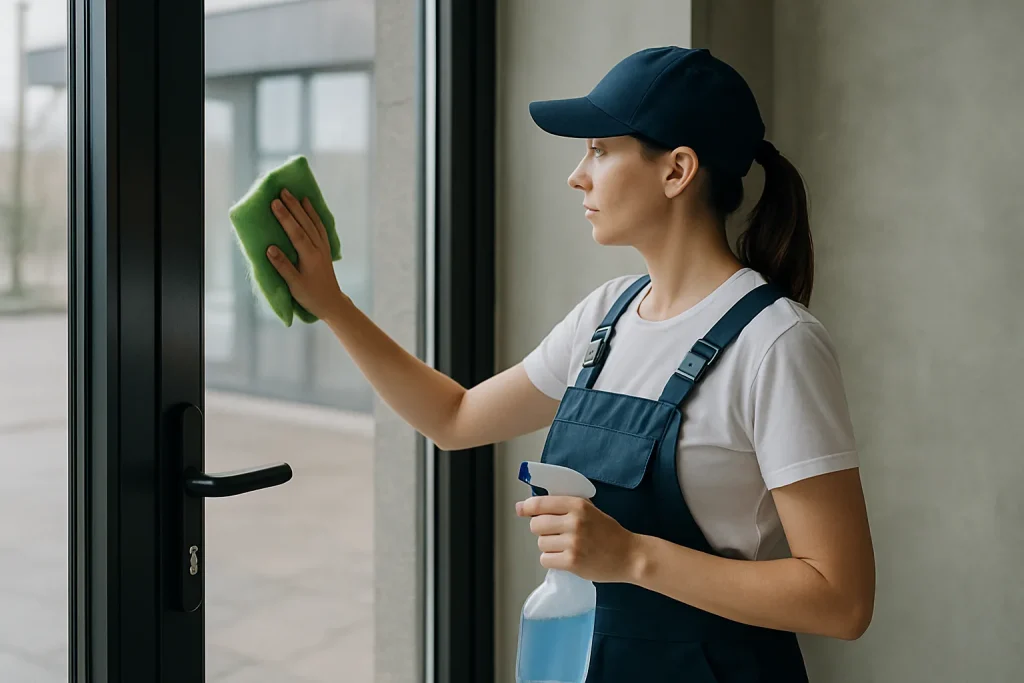 Équipe de nettoyage en train de nettoyer un appartement à L'HUISSERIE avec des produits écologiques.
