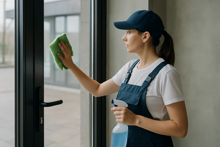 Équipe de nettoyage en train de nettoyer un appartement à L'HUISSERIE avec des produits écologiques.