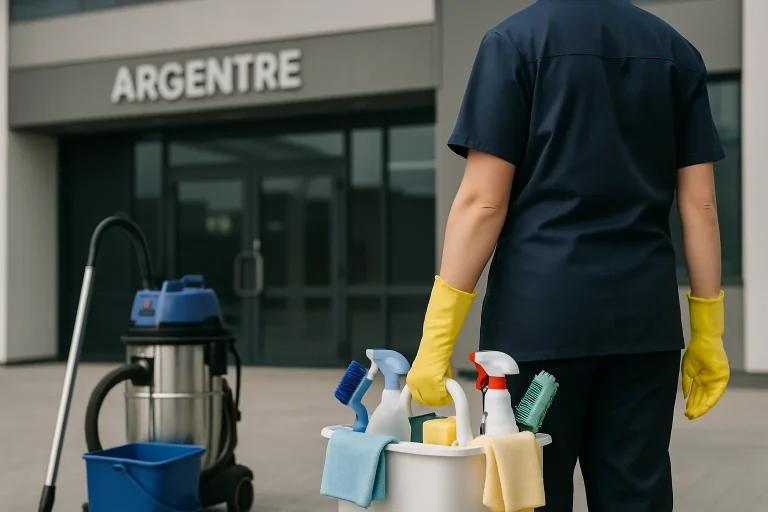 Une équipe de nettoyage dans un appartement d'Argentré utilise des produits écologiques.