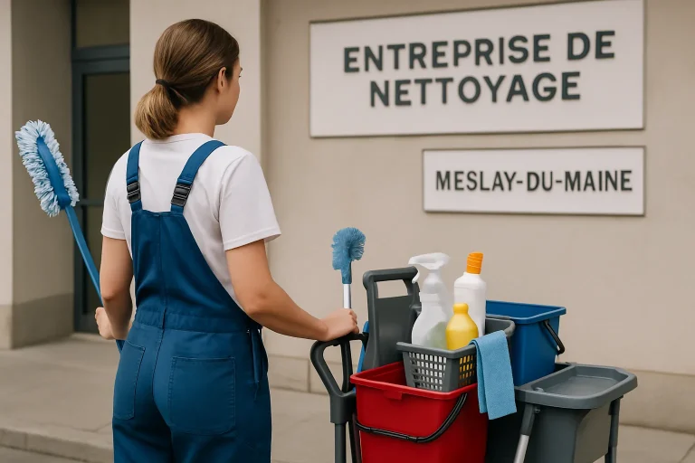 Technicien de nettoyage désinfectant un bureau à Meslay-du-Maine.