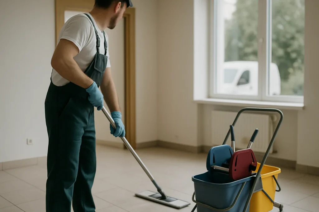 Professionnel du nettoyage nettoyant un appartement insalubre à Ambrieres-les-Vallees.