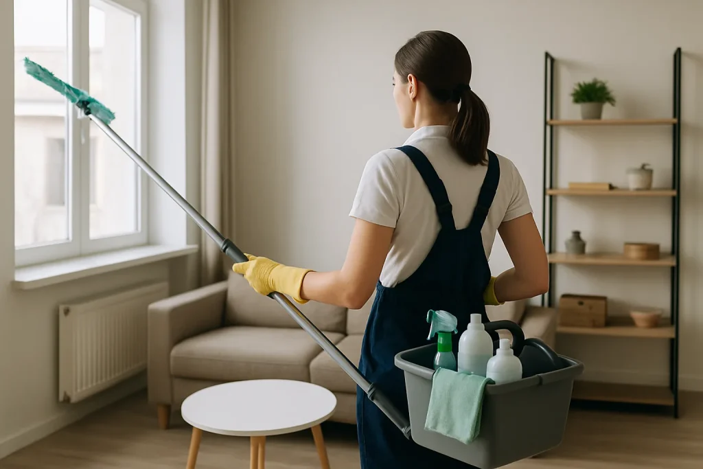 Équipe de nettoyage effectuant des travaux dans un appartement insalubre à Pré-en-Pail.