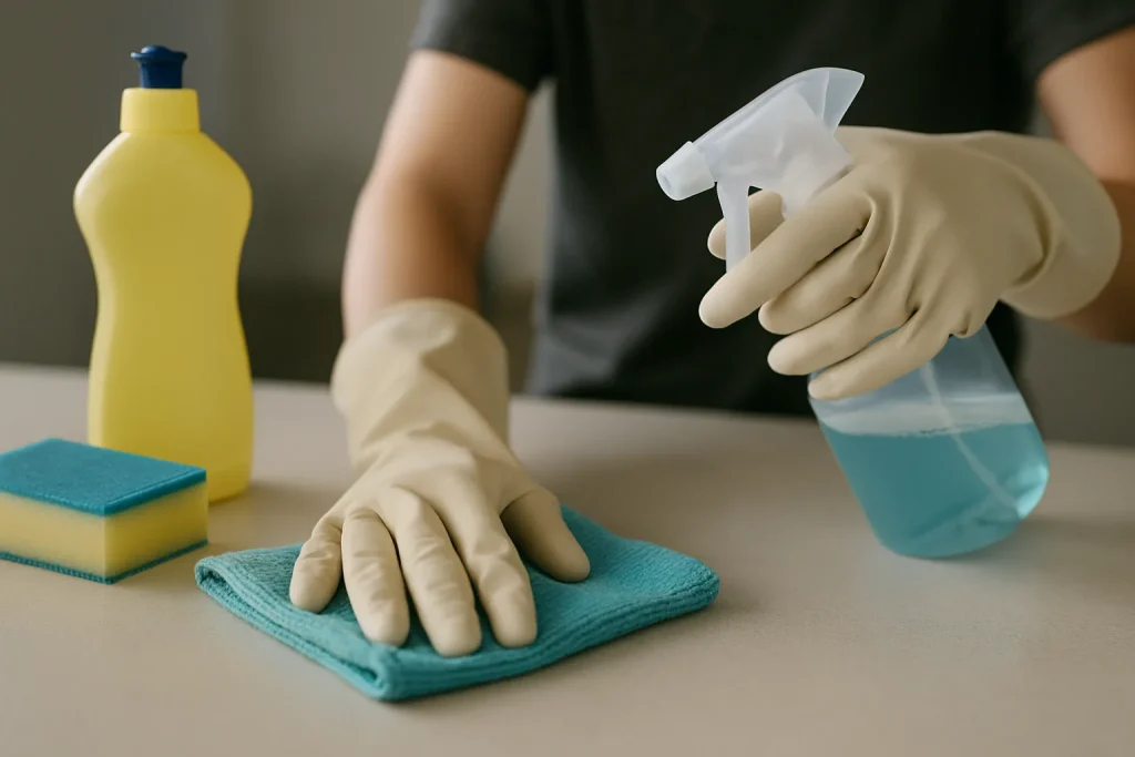 Gros plan sur des mains nettoyant une surface avec des produits, lumière neutre