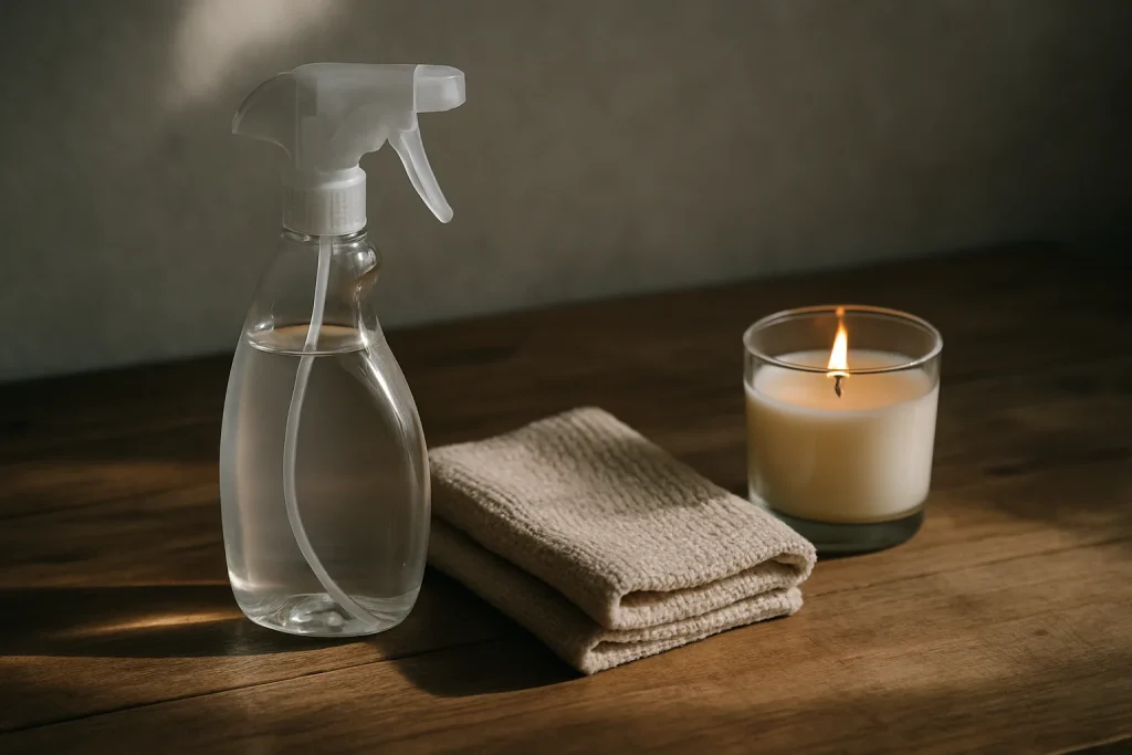 Bouteille de désinfectant, chiffon et bougie parfumée sur une table en bois, lumière latérale