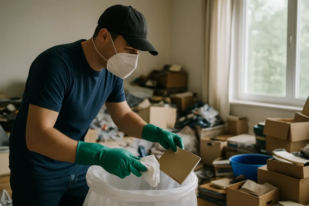Un nettoyeur masqué trie des objets dans un appartement encombré à Craon.