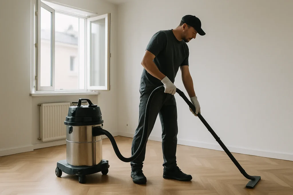 Nettoyeur utilisant un aspirateur dans un appartement vide, fenêtre ouverte