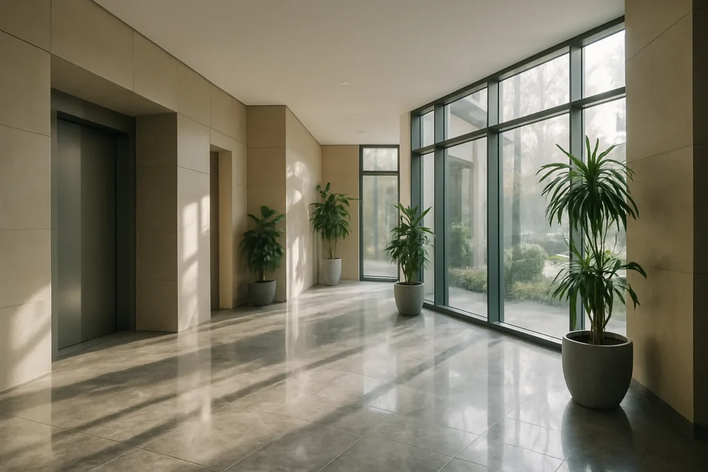 Hall d'immeuble moderne à Changé avec sol propre et plantes