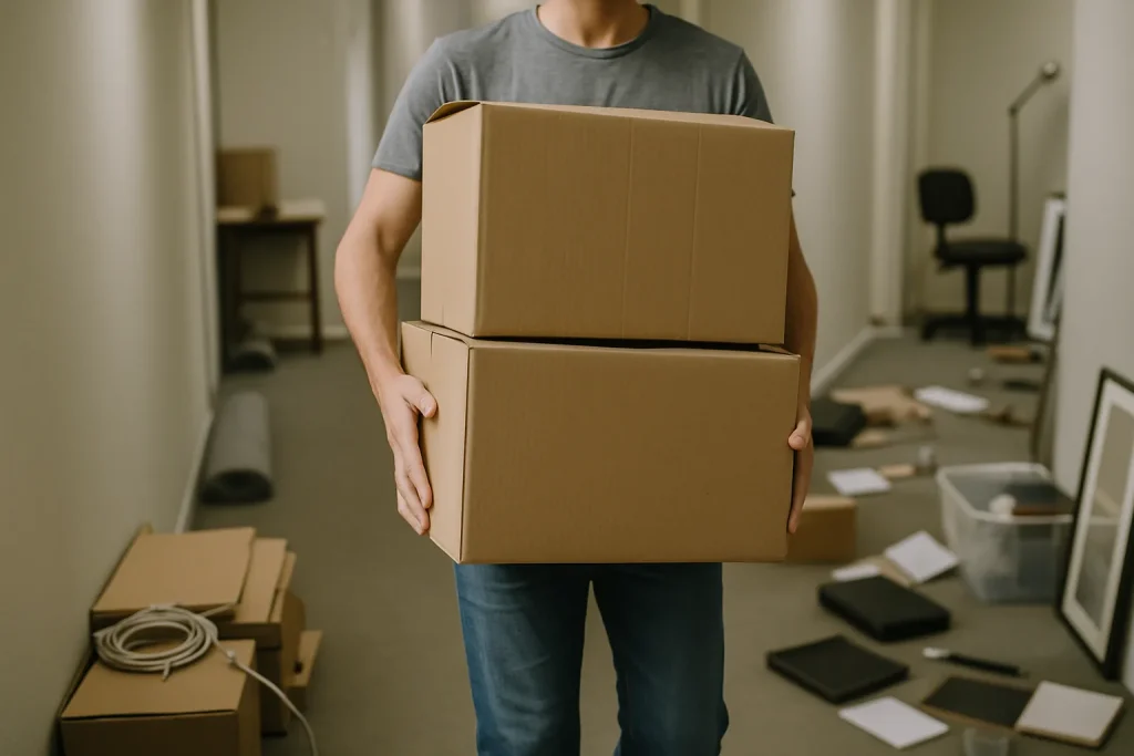 Des mains transportant des cartons dans un couloir encombré, scène de débarras.
