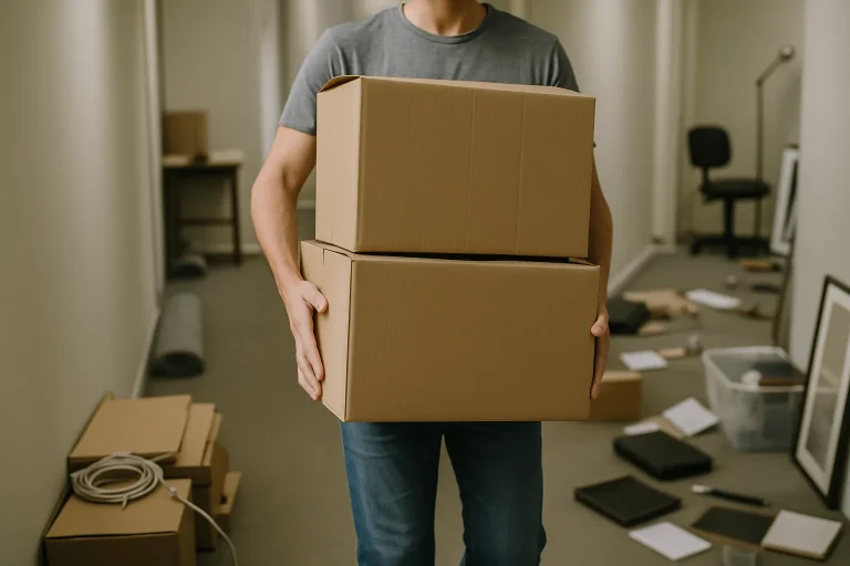 Des mains transportant des cartons dans un couloir encombré, scène de débarras.