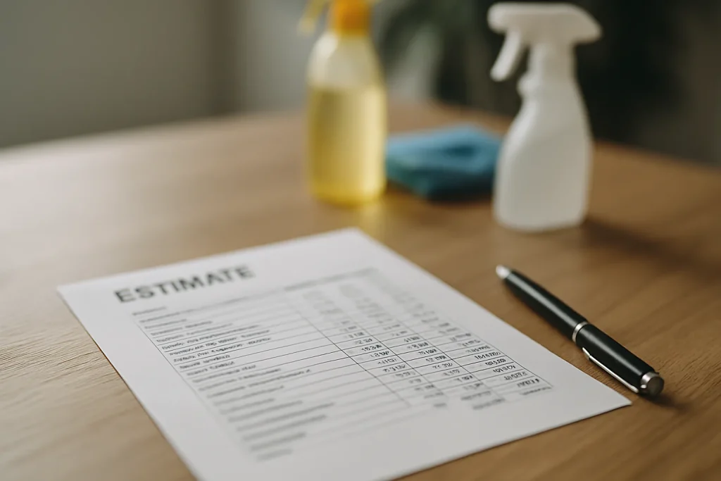 Gros plan d'un devis détaillé sur une table avec des outils de nettoyage en arrière-plan.