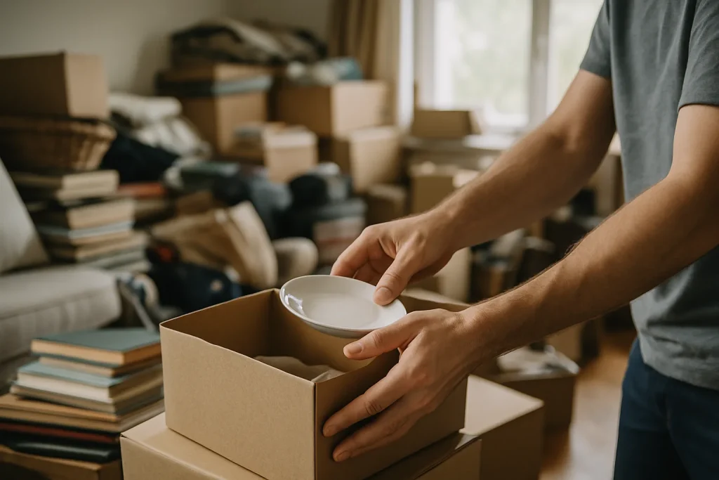 Des mains triant des objets dans un appartement très encombré à Mayenne.