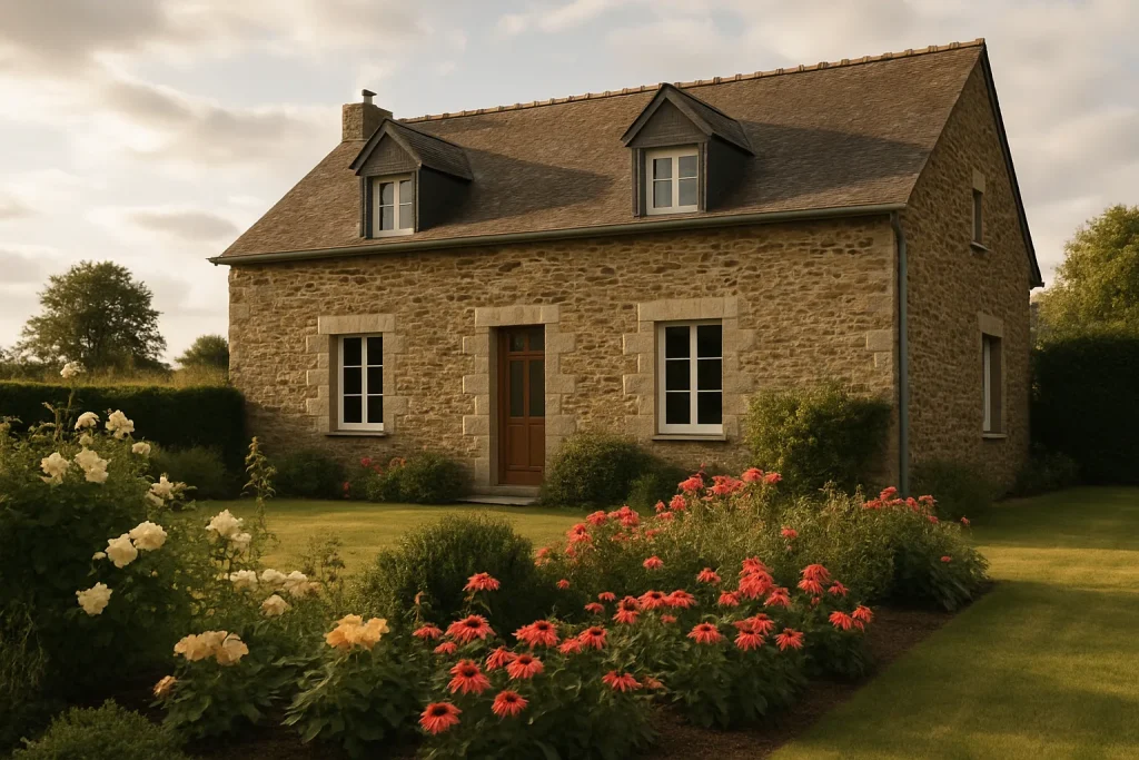 Maison à Saint-Berthevin avec façade en pierre et jardin fleuri.