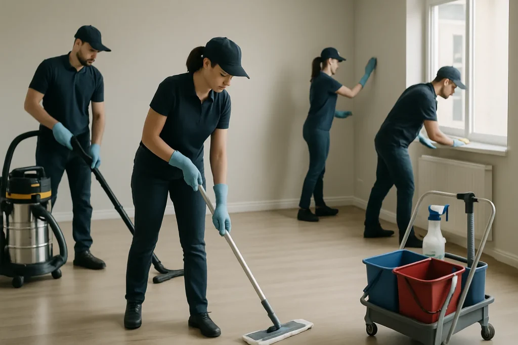 Équipe de nettoyage en action dans un salon vide à Laval, outils visibles.