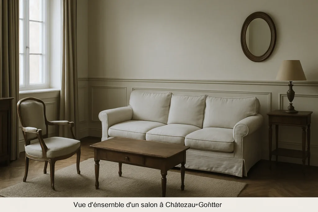 Salon à Château-Gontier, ambiance calme et meubles anciens, lumière douce.
