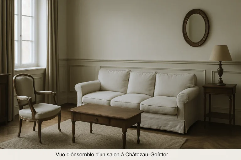 Salon à Château-Gontier, ambiance calme et meubles anciens, lumière douce.