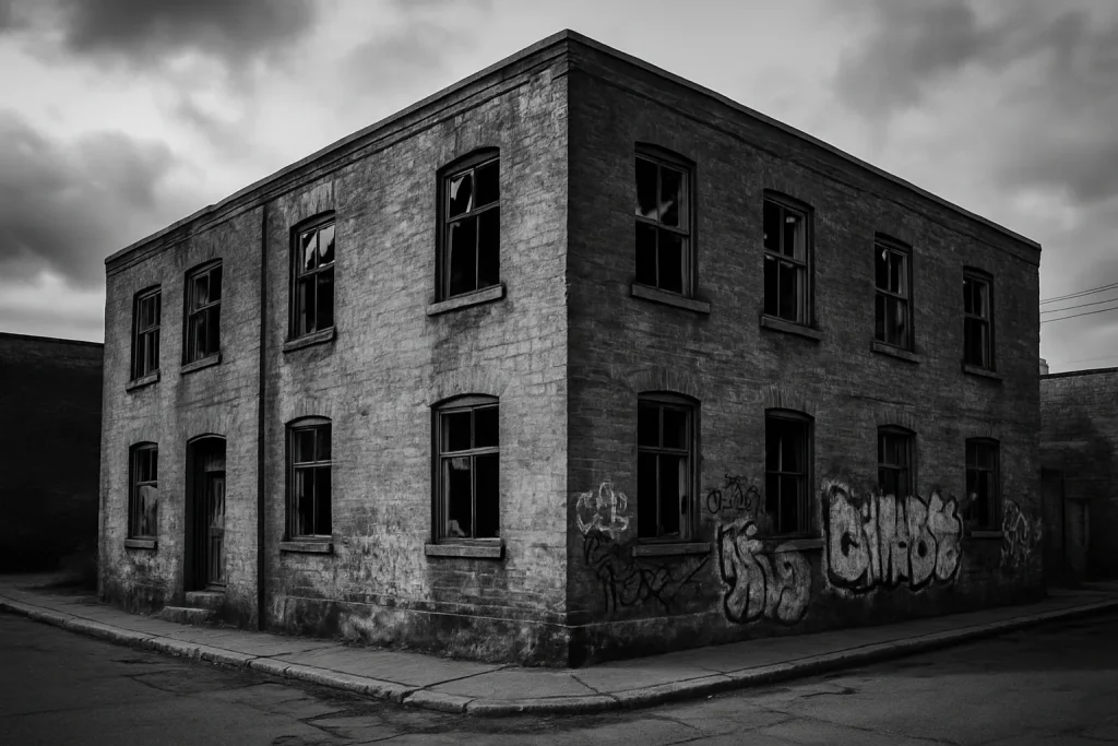 Bâtiment délabré avec graffitis et fenêtres cassées à Laval, lumière du jour.