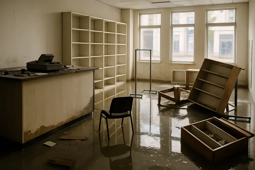 Local commercial inondé à Laval avec eau stagnante et mobilier endommagé.