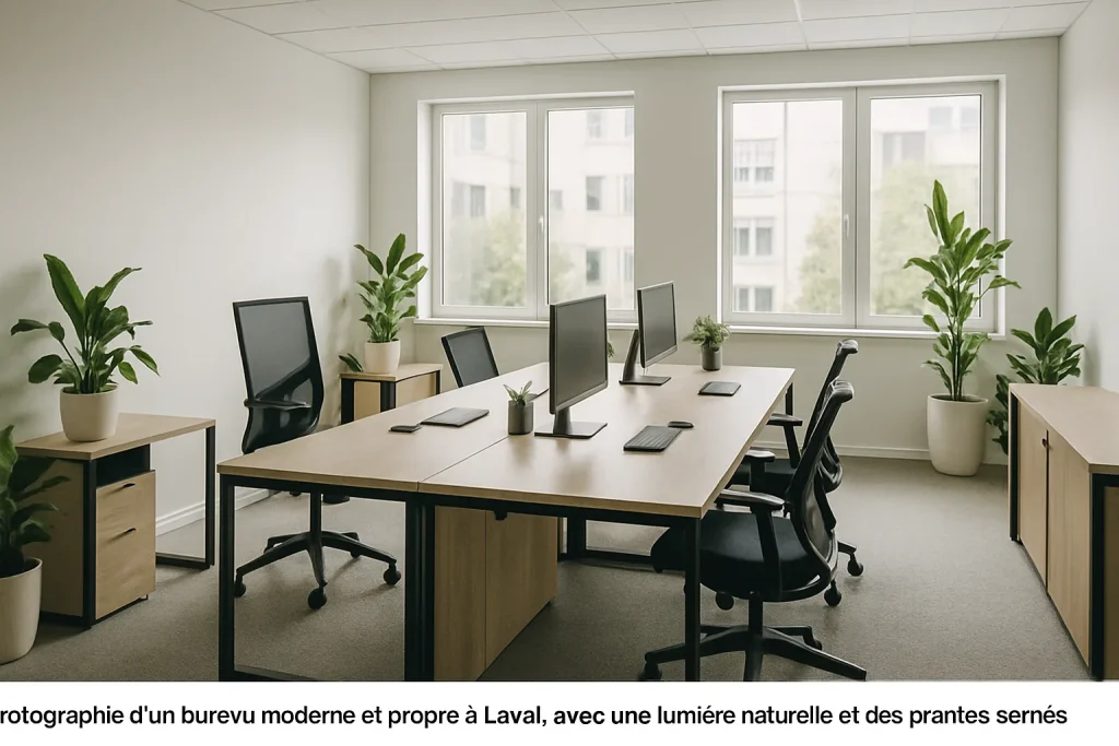 Bureau moderne et propre à Laval, éclairé par la lumière naturelle avec des plantes vertes.