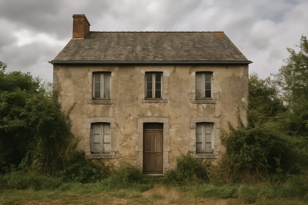 Vue extérieure d'une maison ancienne délabrée près de Craon avec végétation envahissante