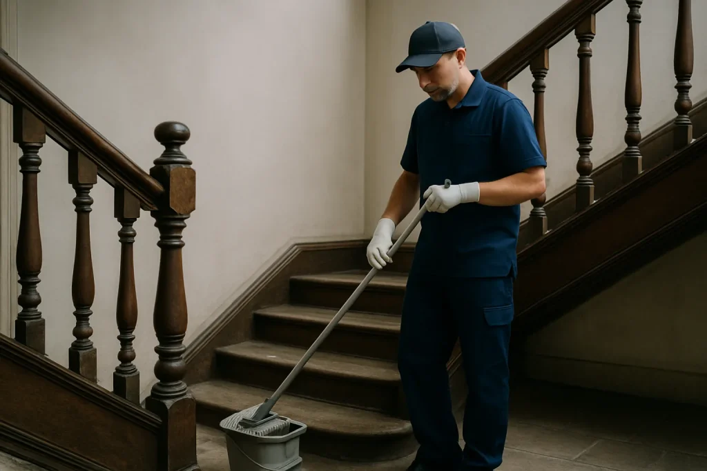 Nettoyeur professionnel travaillant dans une cage d'escalier en copropriété à Mayenne.