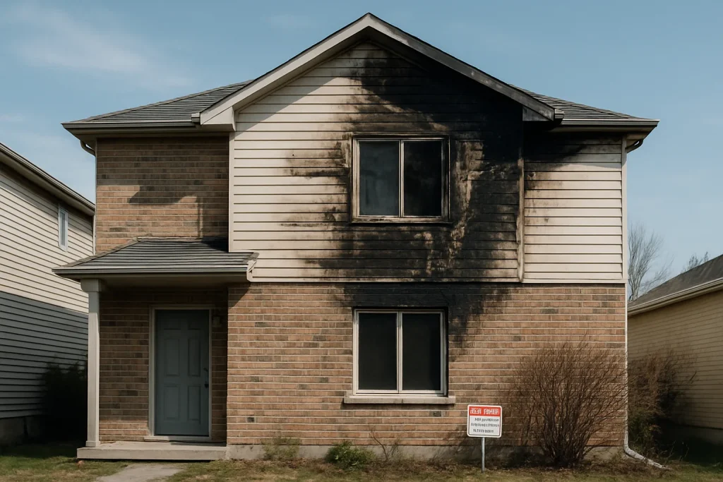 Façade de maison à Laval avec traces d'incendie, panneau de sécurité visible
