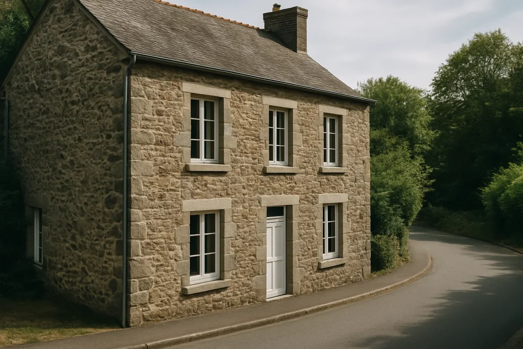Vue extérieure d'une maison en pierre à Évron, liée à une succession.