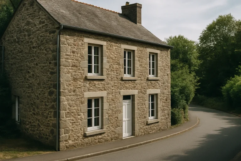 Vue extérieure d'une maison en pierre à Évron, liée à une succession.
