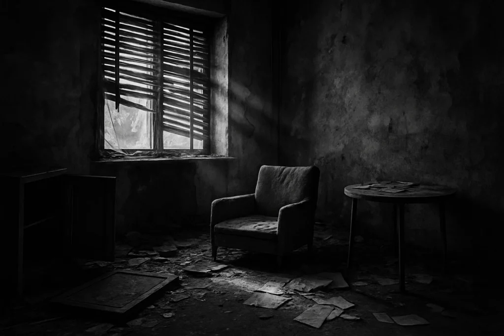 Pièce sombre et abandonnée à Laval avec lumière filtrant à travers les persiennes.