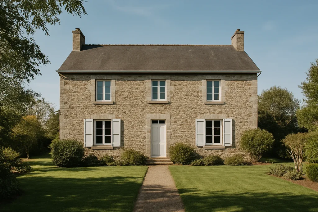 Maison familiale en pierre à Craon avec un jardin, sous un ciel bleu