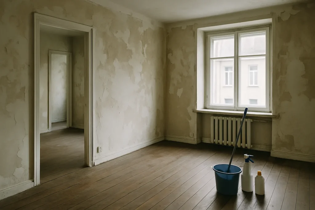 Intérieur d'un appartement vide avec murs écaillés et sol abîmé, prêt pour nettoyage.