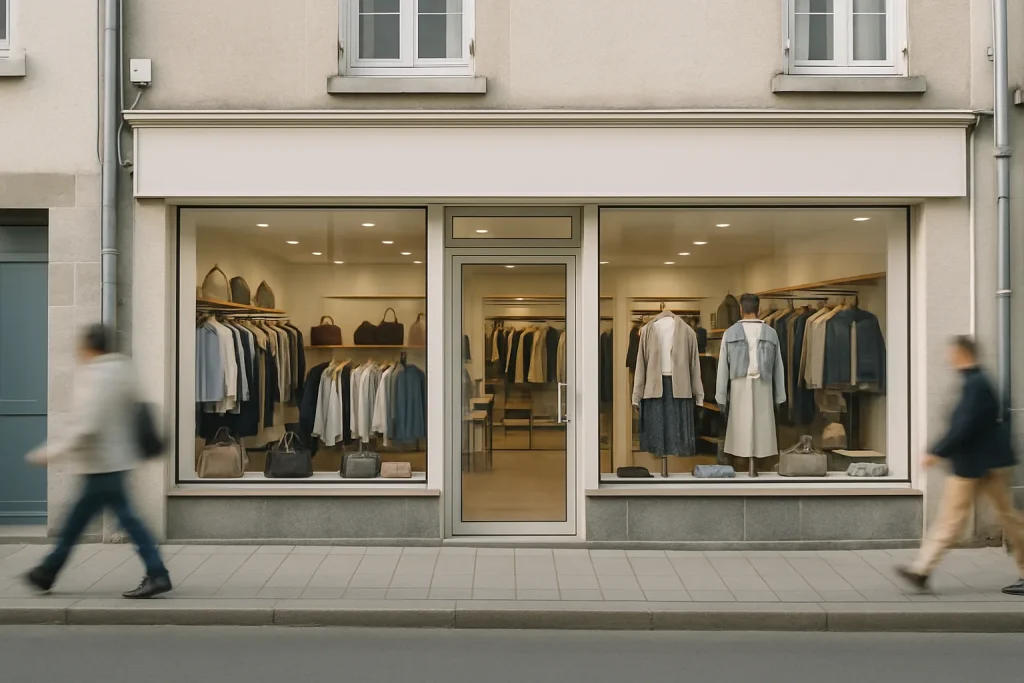 Vue d'un commerce à Évron avec vitrines nettes et passants flous