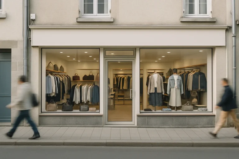 Vue d'un commerce à Évron avec vitrines nettes et passants flous