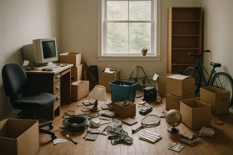 Intérieur d'une pièce désordonnée avec divers objets, lumière naturelle