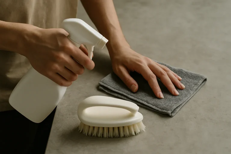 Mains utilisant des outils de nettoyage sur une surface en béton, lumière naturelle