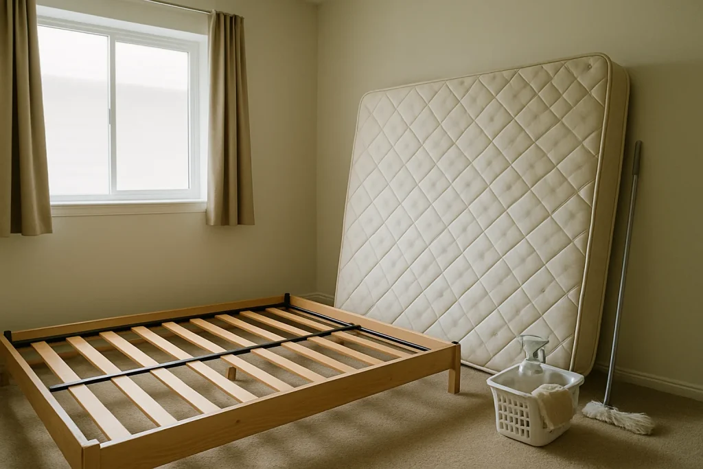 Chambre avec lit démonté et matelas appuyé, lumière douce, ambiance de nettoyage