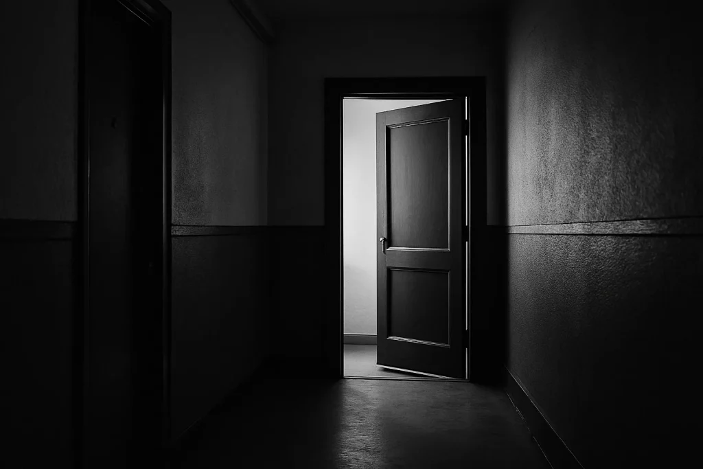 Couloir d'immeuble vide avec porte entrebâillée, lumière intérieure, ambiance calme
