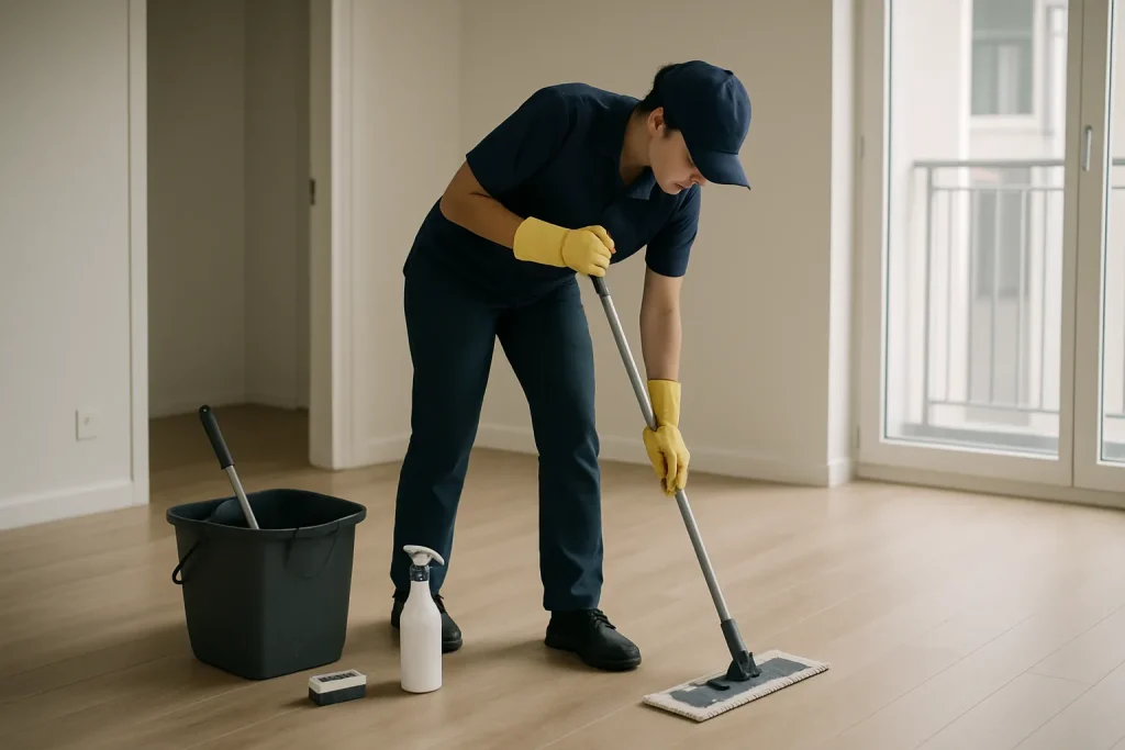 Agent de nettoyage en action dans un appartement vide, outils à proximité