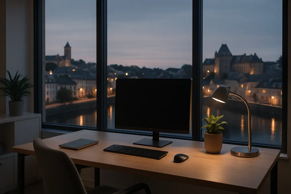 Bureau moderne avec vue sur Mayenne illuminée, ambiance calme du soir