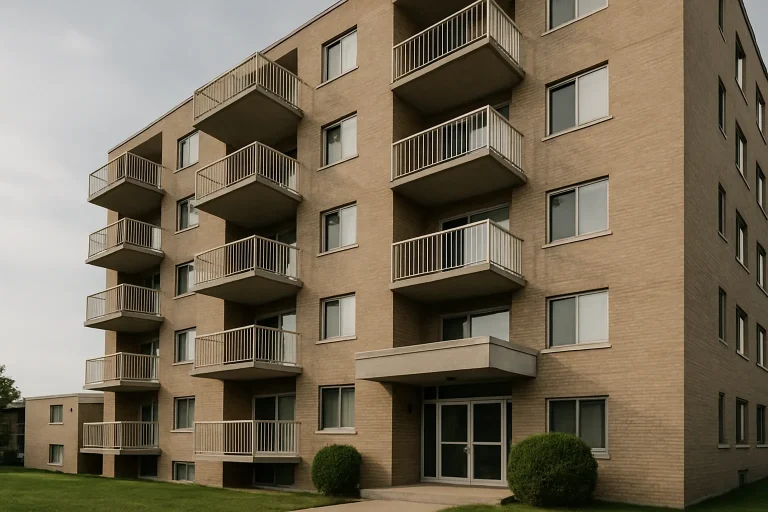Façade d'un immeuble résidentiel à Laval avec une entrée dégagée.