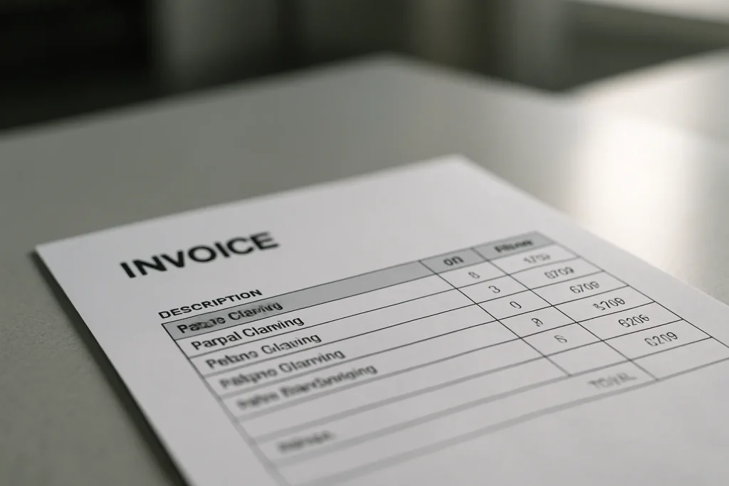 Vue rapprochée d'une facture détaillée pour un nettoyage après décès, avec des lignes claires de services