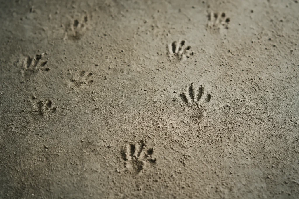 Gros plan sur des traces de pattes de rongeurs sur un sol en béton poussiéreux
