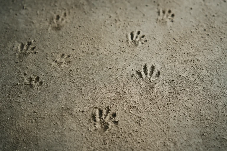 Gros plan sur des traces de pattes de rongeurs sur un sol en béton poussiéreux