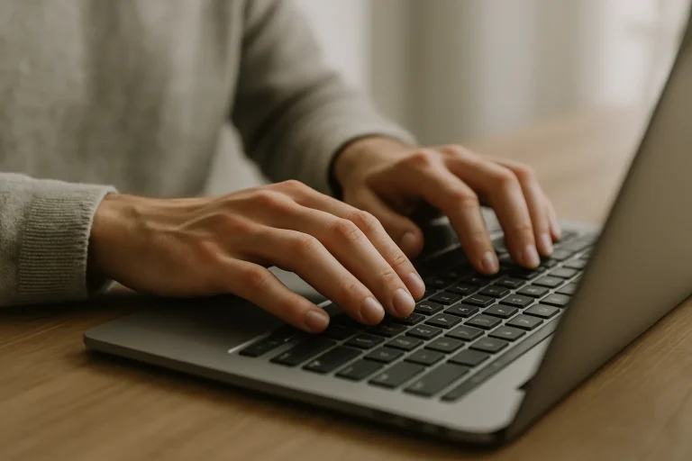 Mains sur clavier d'ordinateur portable, rédaction de devis de nettoyage