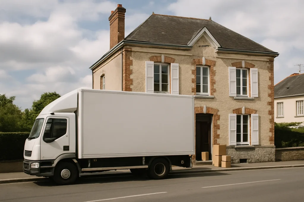 Camion de déménagement garé devant une maison traditionnelle à Château-Gontier, lumière du jour