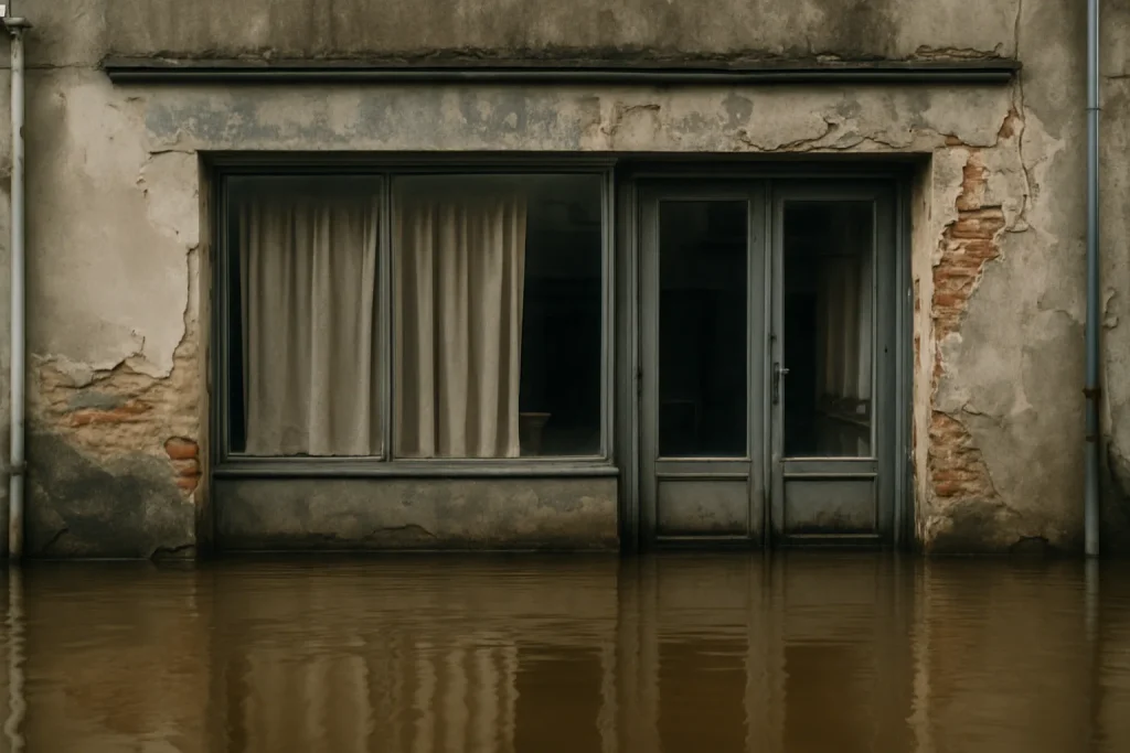 Façade d'un commerce à Craon inondé, eau stagnante visible.