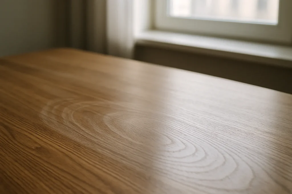 Surface de bureau en bois avec traces de nettoyage, lumière naturelle