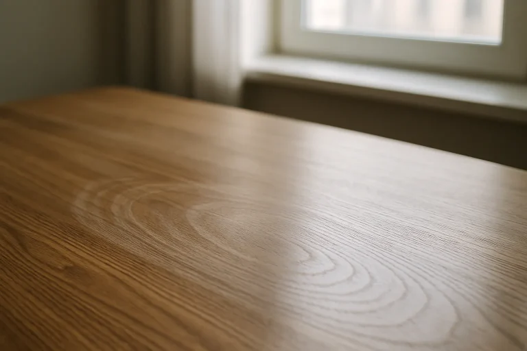 Surface de bureau en bois avec traces de nettoyage, lumière naturelle