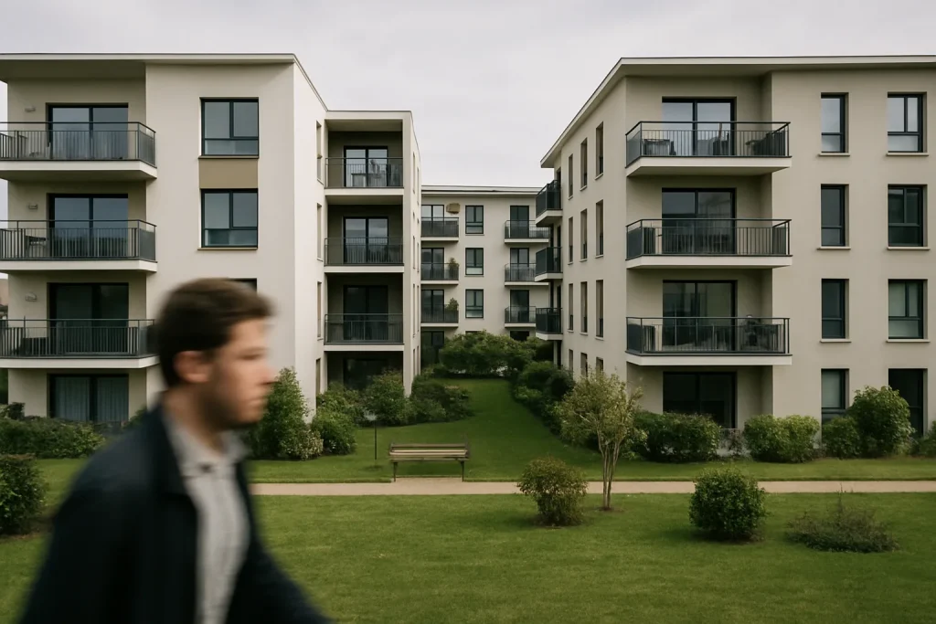 Vue d'extérieur d'une copropriété moderne avec jardin à Château-Gontier.