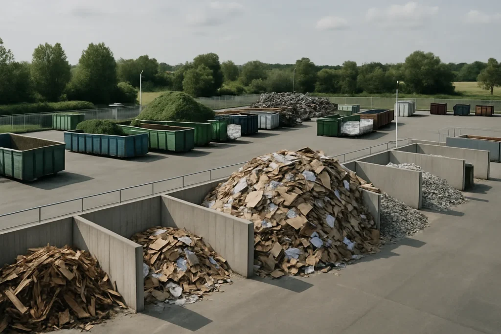 Déchetterie à Bonchamp-lès-Laval avec piles de déchets triés par type