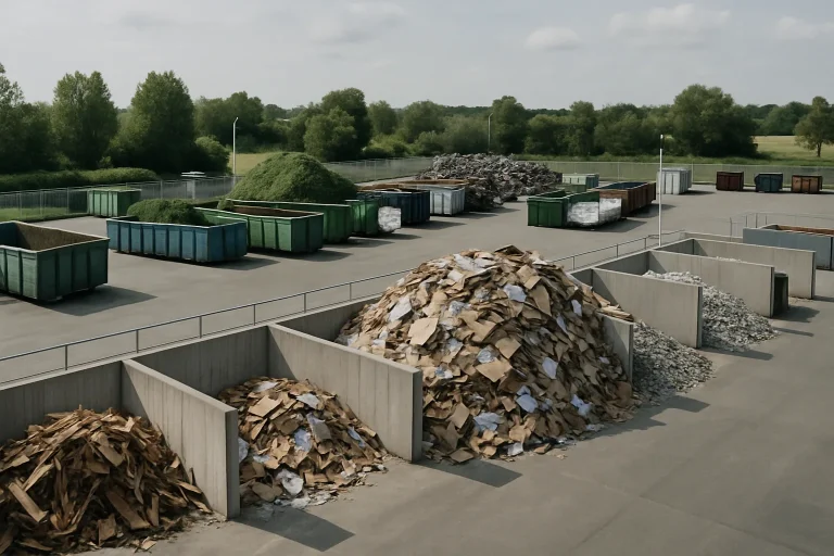 Déchetterie à Bonchamp-lès-Laval avec piles de déchets triés par type